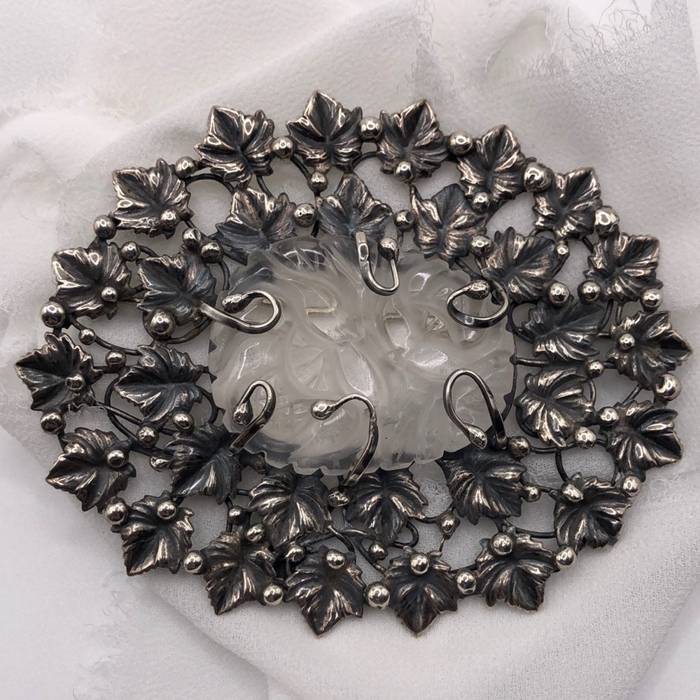 Mary Gage Sterling leaf  carved stone brooch